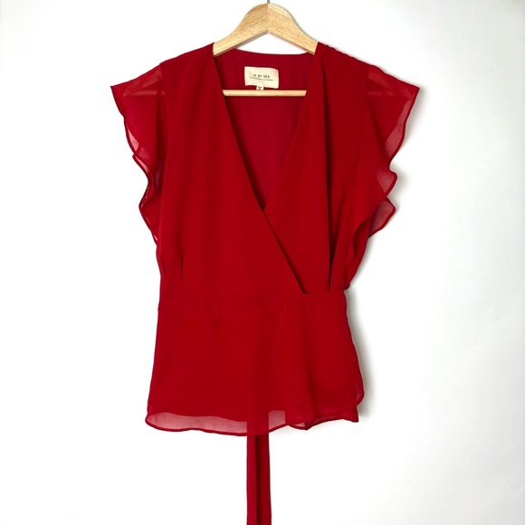 If By Sea Red Short Sleeve V Neck Wrap Blouse - Picture 2 of 6